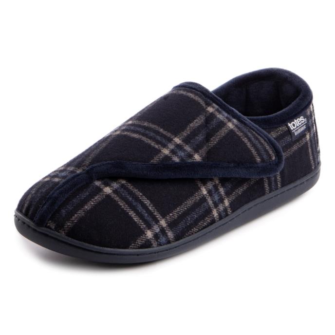 Isotoner Mens Velour Closed Back Slipper With Velcro Opening Navy Check Extra Image 2